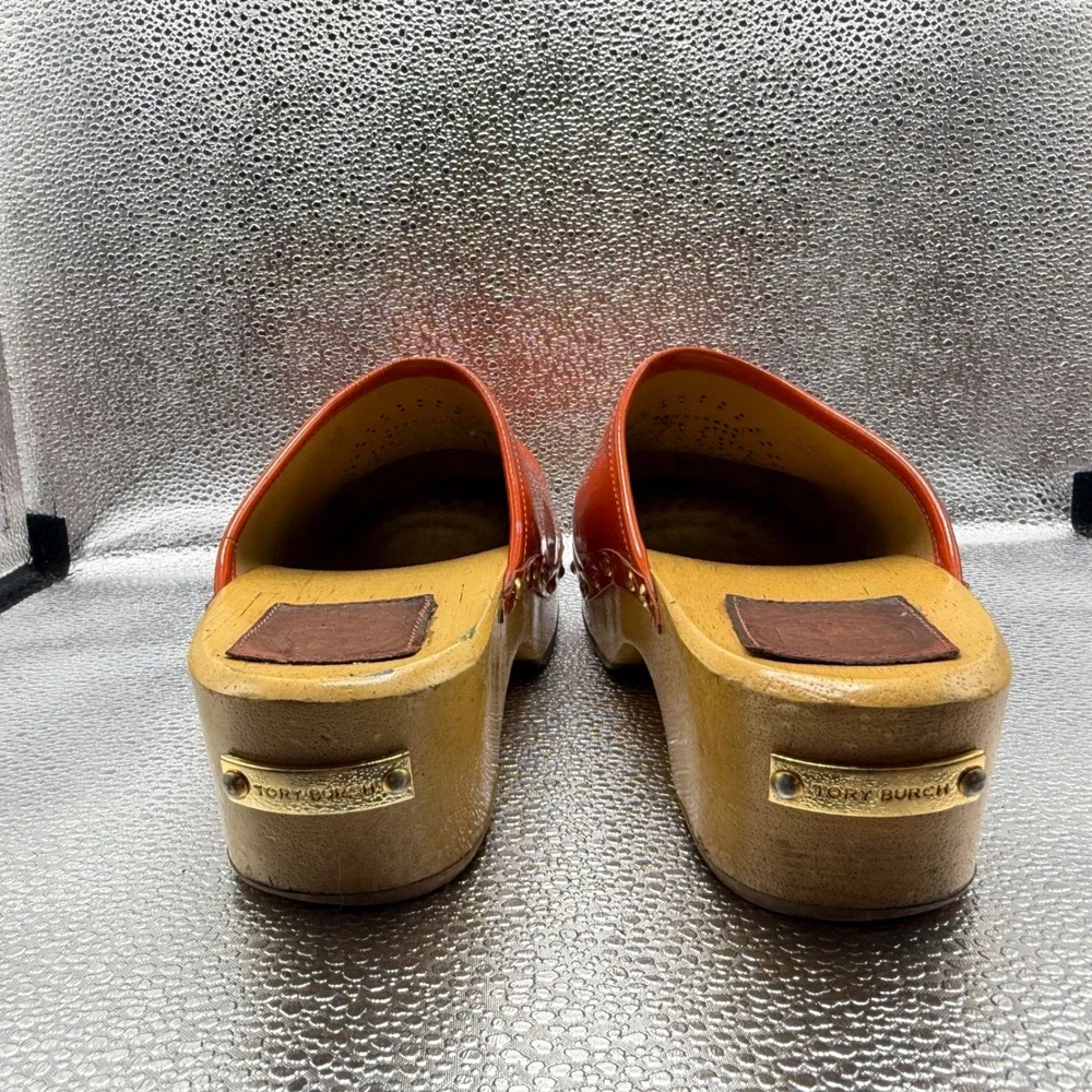 Size 8.5 Tory Burch Clogs Women Orange Excellent Perforated Logo Wooden Mules